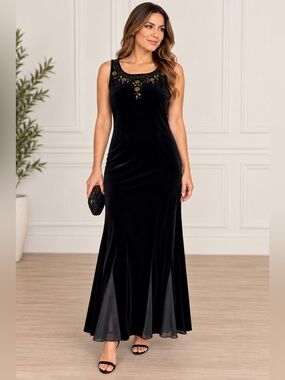 Vintage Expo Black Velvet Size 14 Maxi Dress Beaded Evening Formal Holiday Glam